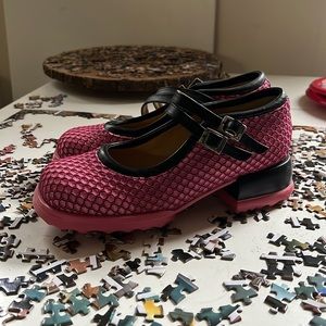 Fluevog Aimee pink mesh Mary Janes